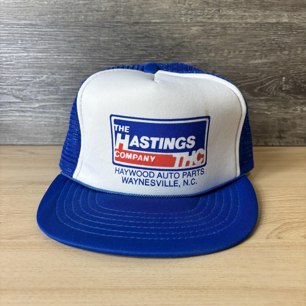 Vintage The Hastings Company Hat Cap Snap Back Blue White Mesh Trucker Mens 80s